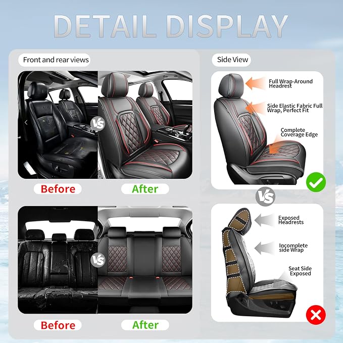 Fit Sienna Premium Leather Car Seat Covers for Toyota Sienna 2007-2025 2026 - Waterproof，Breathable，All-Weather Seat Cushion Protecto & Airbag Compatible, 2 Front Seat Red Line Black - Image 5
