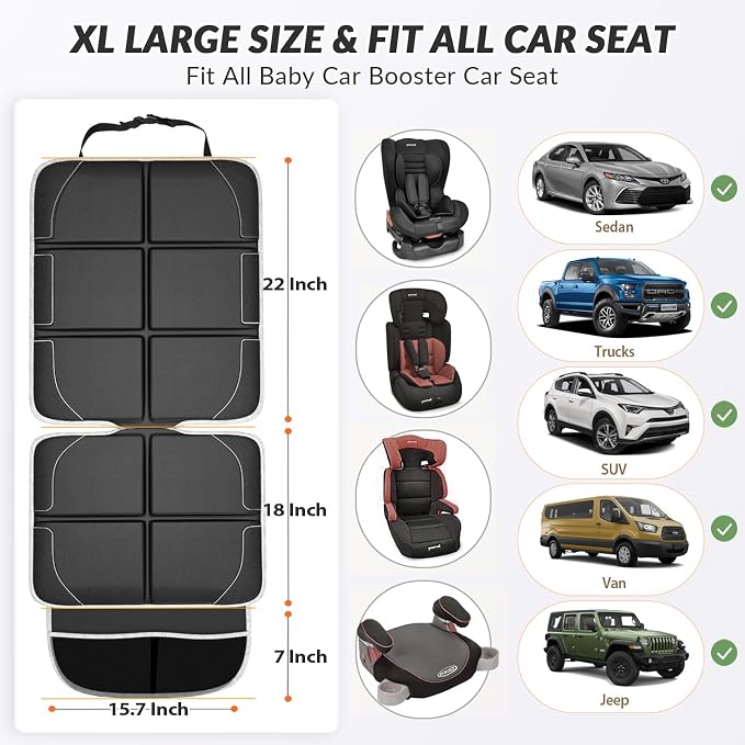 Gimars Car Seat Protector, 2 Pack, XL Thicken EPE Cushion Waterproof 600D Fabric Car Seat Cover for Child Car Seat with Nonslip Backing Mesh Pockets for Baby SUV Sedan Truck Leather Seats, Black-Gray - Image 3