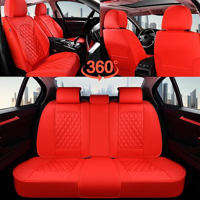 Coverado Full Set Car Seat Covers, 5-Seat Universal Faux Leather Waterproof Seat Covers, Front & Back Car Seat Protectors, Red Leather Seat Covers Fit for Most Vehicles-Red - Image 7
