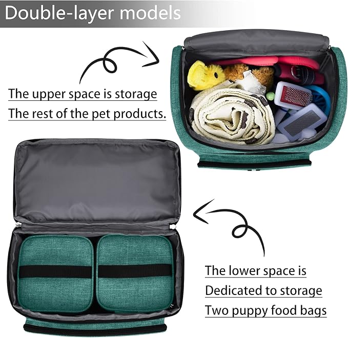 BAGLHER Pet Travel Bag, Double-Layer Pet Supplies Backpack (for All Pet Travel Supplies), Pet Travel Backpack with 2 Silicone Collapsible Bowls and 2 Food Baskets Green - Image 6