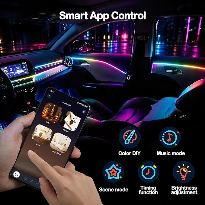 Car LED Strip Lights, Interior Acrylic LED Lights for Car with Dynamic Rainbow Dream Color Chasing, Ambient Lighting Kits Music Sync (6 in 1(4 * 29.5"+43.3"+14.5")) - Image 4