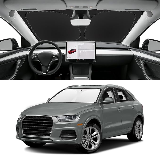 Custom Fit Windshield Sun Shade for Audi Q3 2013-2018 | Blocks UV Rays and Sun Heat, Helps Reduce Interior Temperature, Protects Dashboard from Fading, Folds Easily for Storage by SLOGENTO