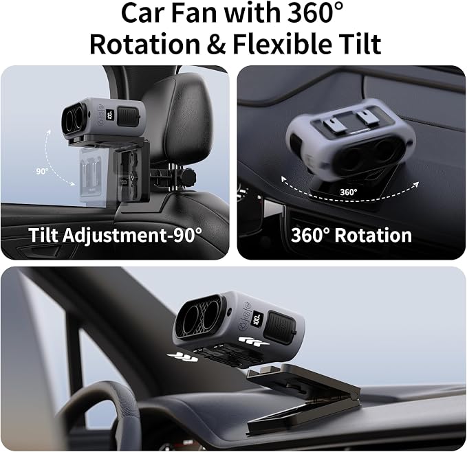 Socool Portable Car Fan Rechargeable Battery Opearated, Clip on Car Seat Headrest 360 Rotatable, 5-Speed Backseat Fans for Baby Rear Facing Cooling with Dual Air Outlets for SUV RV Truck - Image 5