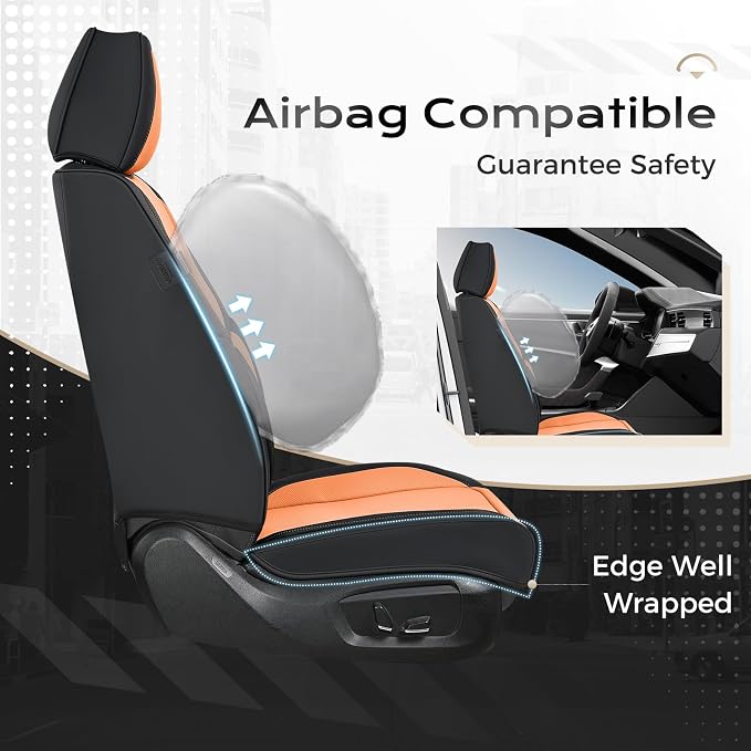 Coverado Seat Covers, Car Seat Covers Full Set, Leather Seat Covers for Cars, Car Seat Protector, Black Car Seat Covers Front Seats and Back Seats Universal Fit for Most Cars Orange - Image 4