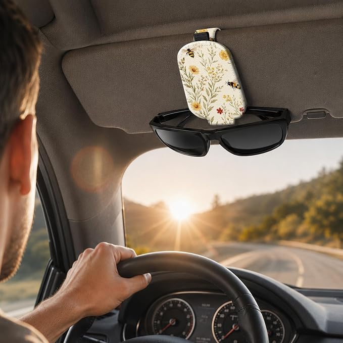 Sunglasses Holder for Car Visor, PU Leather Glasses Clip Organizer, Cute Magnetic Eyeglass Holder for Vehicle Sun Visor, Car Interior Accessory for Women & Men, Bee Flowers - Image 6
