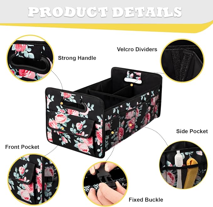Car Trunk Organizer, Collapsible Car Organizers and Storage Black Floral | Sturdy, Large Capacity, Clean Decor, Multi Compartment Container Box, Adjustable Car Accessories for SUV Sedan Truck - Image 3