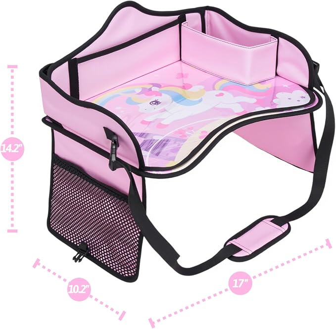 Kids Travel Tray for Car, Girl's Safety Seat Table | Weight-Relief Strap, Non-Skid Silicone Base, Waterproof Dining/Craft Mat, Carseat/Airplane Lap Desk - Image 8