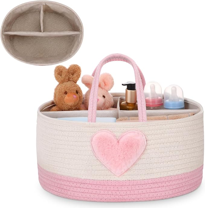 Aliceset Large Baby Diaper Caddy for Girl Boy Rope Nursery Storage Bin Basket Portable Holder Tote Bag for Changing Table Car Travel Baby Shower Gifts Newborn Essentials Registry Must Have(Pink Heart) by Aliceset