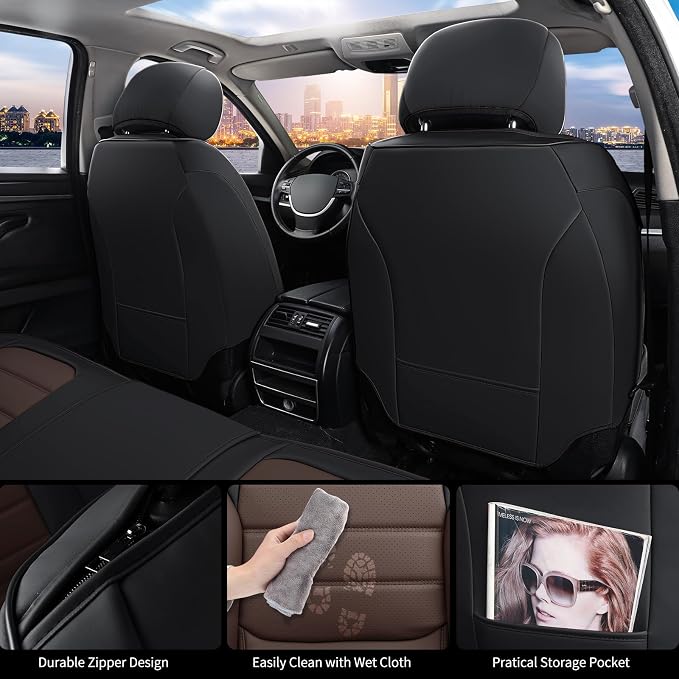 Front Car Seat Covers, 2Pcs Universal Leather Car Seat Covers, Full Coverage Waterproof Automotive Seat Covers, Breathable Car Seat Protector for Most Trucks SUVs Sedans, Black&Brown - Image 2