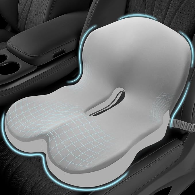 Memory Foam Seat Cushion for Sciatica & Back Pain Relief - Ergonomic Chair Pad with Adjustable Strap & Supportive Comfort Cover, Non-Slip for Car, Truck, Office Chair - Light Gray by MosxoedEnjoyLife