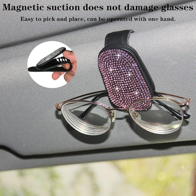 ACODABLEM Bling Car Glass Holder Sun Visor, Bling Crystal Rhinestone Sunglasses Magnetic Holder Mount Universal Eyeglasses Hanger Clip, Ticket Card Clip for Car, Car Sun Visor Accessories (Pink) - Image 2