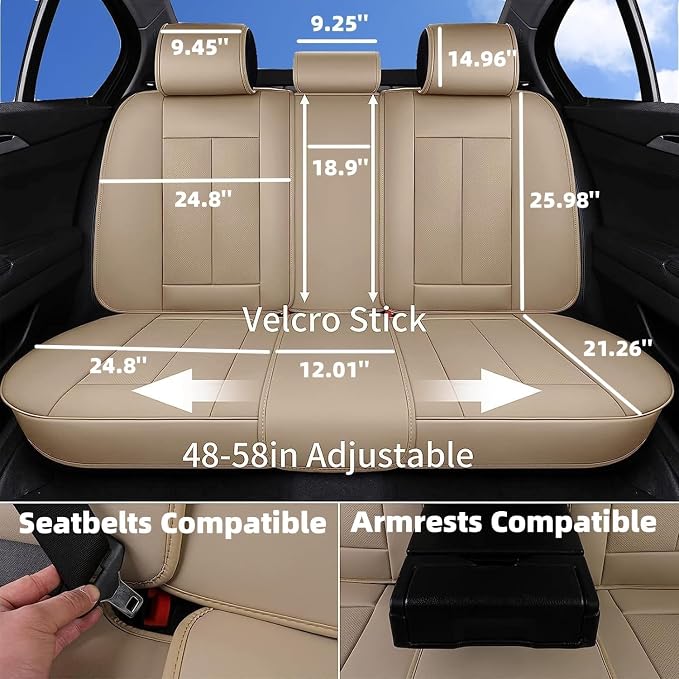 Coverado Car Seat Covers Full Set, Car Seat Protector Waterproof, Nappa Leather Car Seat Cushion, Beige Seat Covers for Cars, Front Seats and Back Universal Fit for Most Cars - Image 3
