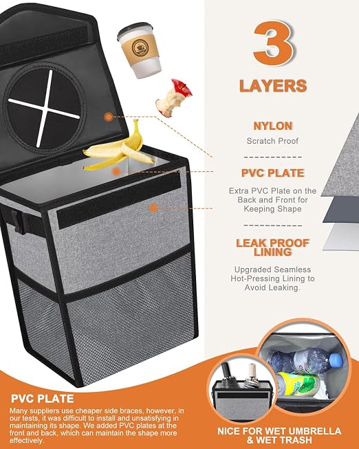 Pritent Car Trash Can with Lid Leakproof Car Garbage Bag Vehicle Trash Bin | Hanging Automotive Garbage Can,Multipurpose Car Accessories for Women Men Interior Car Storage Organizer(2.8 Gal,Grey) - Image 3