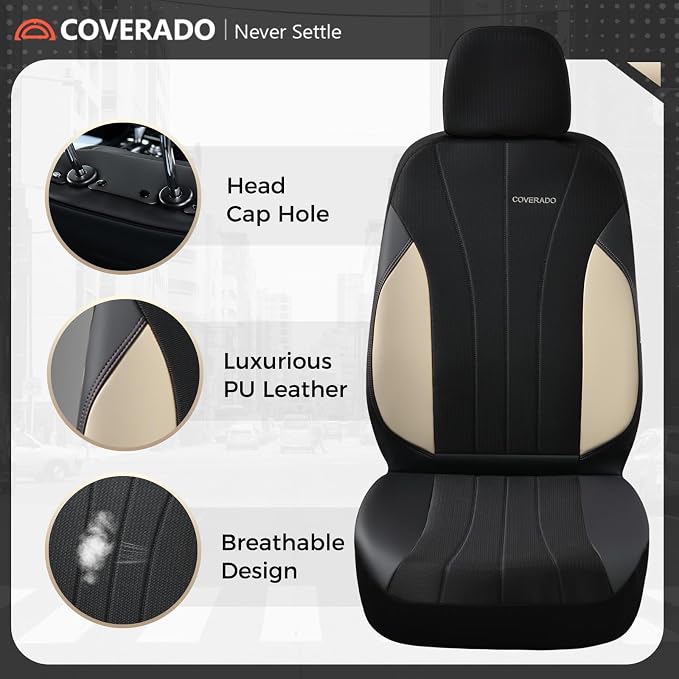 Coverado Automotive Seat Covers Front Seats, Luxury Car Seat Covers, Auto Seat Covers 2-Pack, Beige Driver Seat Protectors, Universal Fit for SUVs, Trucks, Sedans - Image 3