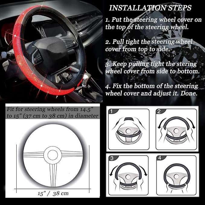 ChuLian New Diamond Leather Steering Wheel Cover with Bling Crystal | Universal Fit 15 Inch Car Wheel Protector for Women Girls with Bling Rhinestones Red Diamond - Image 7