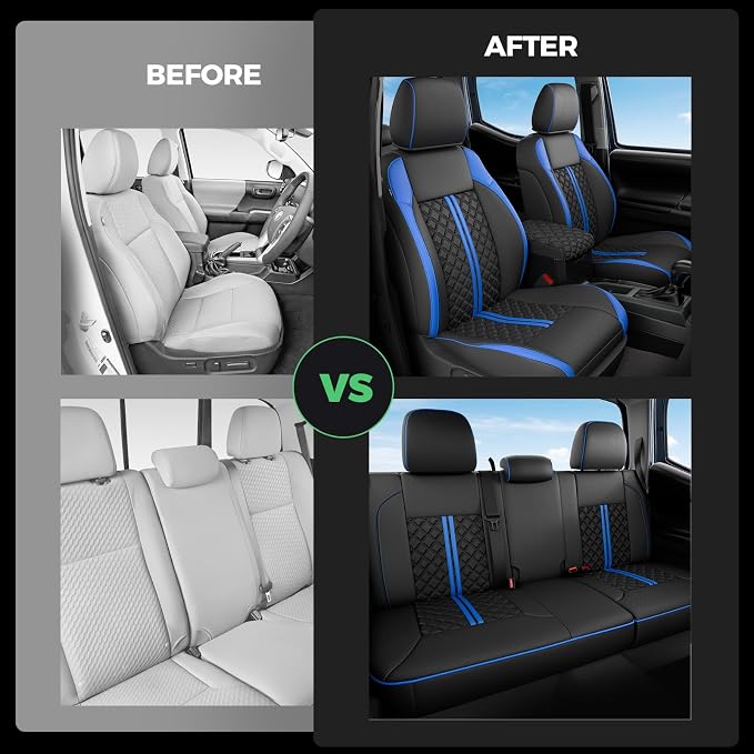 RIDEPOSH Custom Leather Seat Covers for Toyota Tacoma Double Cab 2016-2023 | full set, BKblue, OEM fit, premium waterproof leather, anti-slip, extra pockets, long-term durability, airbag compatible - Image 7