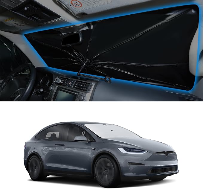Windshield Sun Shade Umbrella for 2016-2026 Tesla Model X Tesla X | Full covered for windshield, Block UV Rays, Heat Reduction, Easy to install, Durable & Fold Up Small by YYCKE