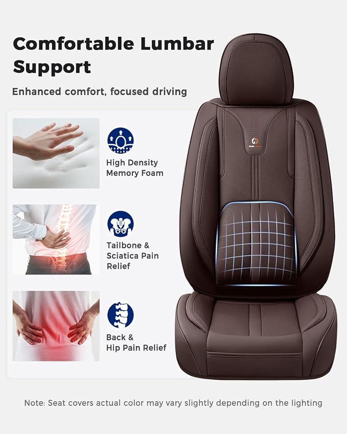 Huidasource Coffee Front Seat Cover Luxury Nappa Leather, Front Car Seat Cover with Airbag, Front Storage Pocket, Lumbar Support, Cooling＆Heating, Universal Fit for Most Cars SUV Trucks, Coffee - Image 3