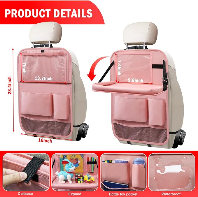 2Pack Car Backseat Organizer with Foldable Table Tray,6 Storage Pockets Car Storage Organizer with Tablet Holder,Car Seat Back Protectors Kick Mats Travel Accessories (Pink) - Image 5