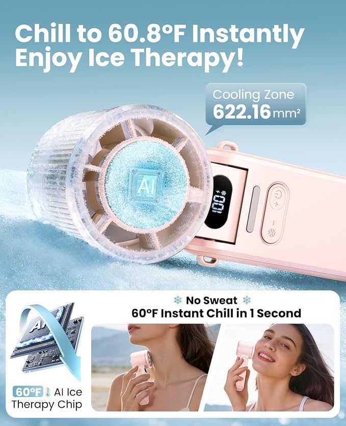 DIGIX Portable Handheld Turbo Fan with Ice Cooling, Rechargeable Personal Fan, Up to 15Hrs Cooling, 100 Speeds 25000RPM Powerful Portable Fan for Travel Outdoor,120° Adjustable, LED Display (Pink) - Image 2