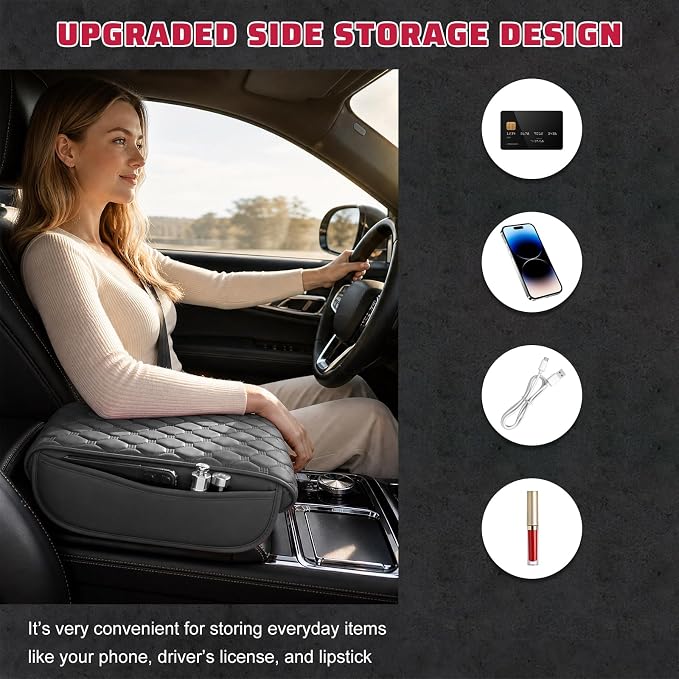 Car Center Console Cover, Memory Foam Auto Armrest Cushion Center Console Pillow Pad with Side Pockets, Anti-Scratch Leather Elbow Pillow Armrest Seat Box Protector for Most Cars (Gray) - Image 5