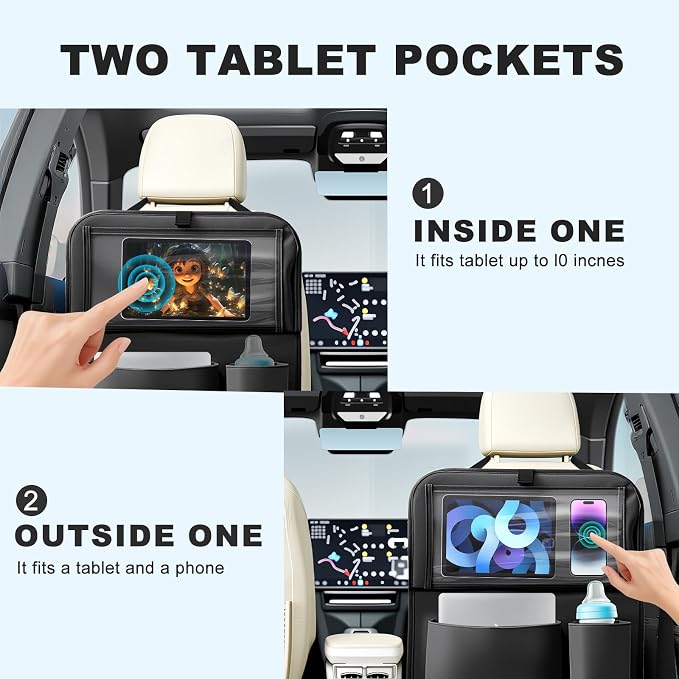 Car Backseat Organizer with Tablet Holder,6 Storage Pockets Car Storage Organizer with Foldable Food Tray,Kick Mats Backseat Protector Travel Accessories (Black) - Image 3