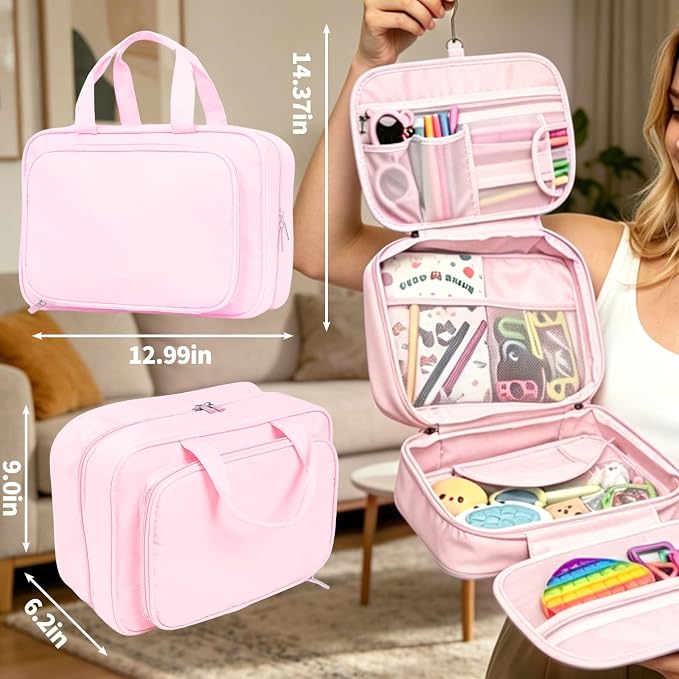 Kids Travel Organizer, Portable Storage Bag for Toys, Snacks, & Activities, Travel Waterproof Organizer Bags with Hook & Carry Handle, Multi-Compartment (Pink) - Image 2