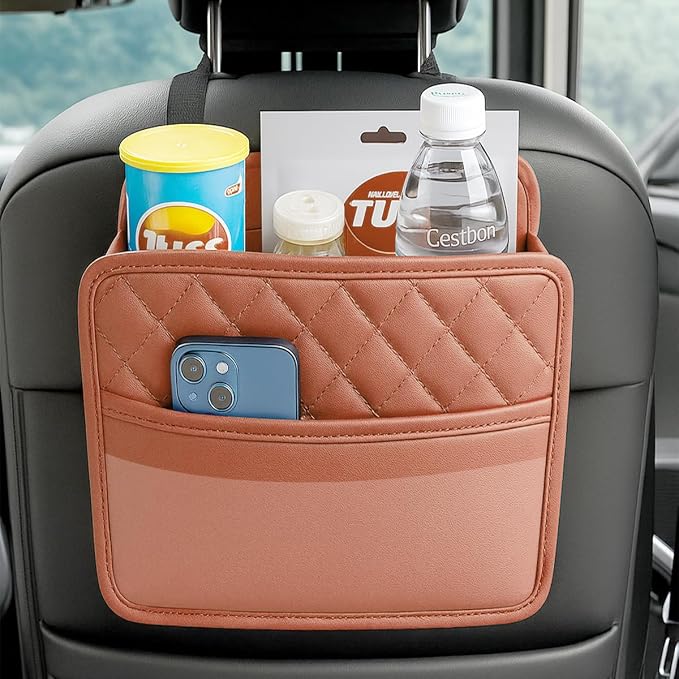 Mandark PU Leather Car Seat Back Organizer, Orange | Three-pocket layout with clear panel, elastic strap installation, fits most cars, SUVs, and trucks, car interior accessories - Image 6