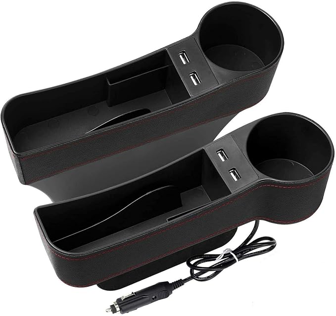 Car Seat Gap Organizer,Premium Console Side Pocket with 2 USB Charging,Leather Storage Box,Multifunctional with Dual USB Charging,Cup Holder,Car Seat Gap Filler,for Cellphones Wallet Coin Key (2 Pack) - Image 5
