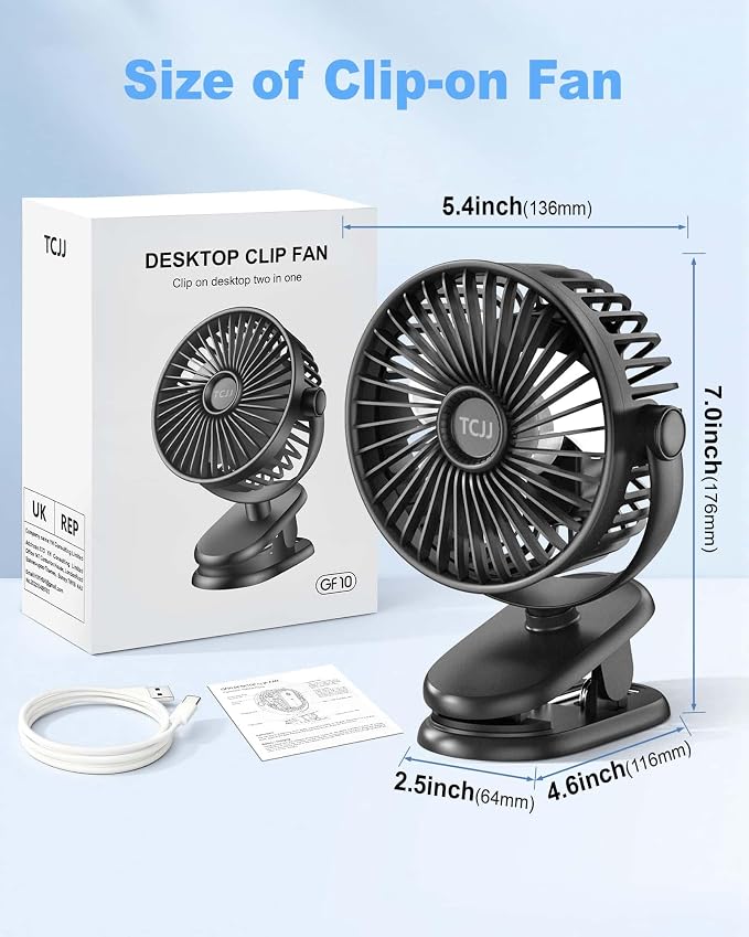 Portable Clip on Fan, Rechargeable Stroller Fan, USB Desk Fans With TYPE-C Port 5200 mAh Battery Operated 3 Speed 360° Rotatable Personal Small Mini Table Fan for Pram Car Seat Crib Golf Cart Camping - Image 7