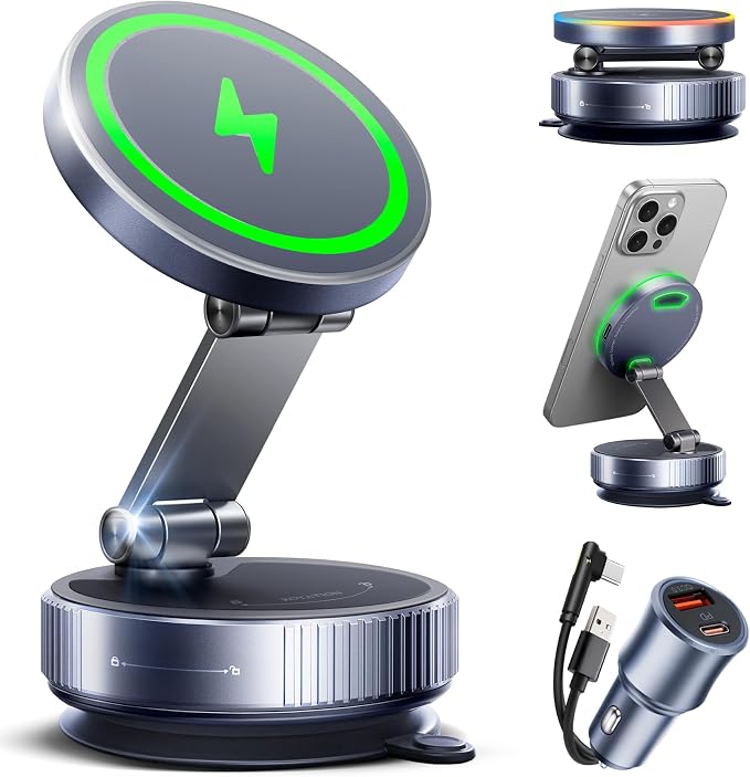 avedio links 15W Vacuum Magnetic Wireless Car Charger Mount with Adapter | 360° adjustable vacuum mount. 108+LBS suction & 3800gf magnets. 15W fast charge for iPhone 12-17 series. Adapter included by avediolinks