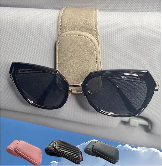 Leather Sunglass Holder for Car Visor, Magnetic Eyeglasses Clips(Beige) | One-Handed Operation, Fits Different Size Eyeglasses, Car Essentials for Women by Unknown