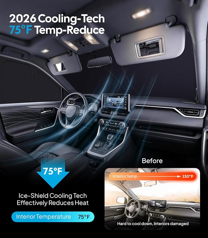 Wigoo 2026 8PC Full Set Window Sunshade for Toyota RAV4 2019-2025 | 7-Layer Cooler & Blacker, Ice-Crystal Tech, Full Set Shades With Windshield for Sun Block, Camping Accessories - Image 3