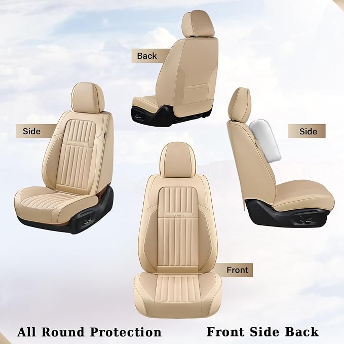 Coverado Front and Back Seat Covers for Cars, Nappa Leather Car Seat Covers, Automotive Seat Covers for Trucks, 5 Seats Waterproof Carseat Protector Car Seat Cover Beige, Universal Fit for Most Cars - Image 3