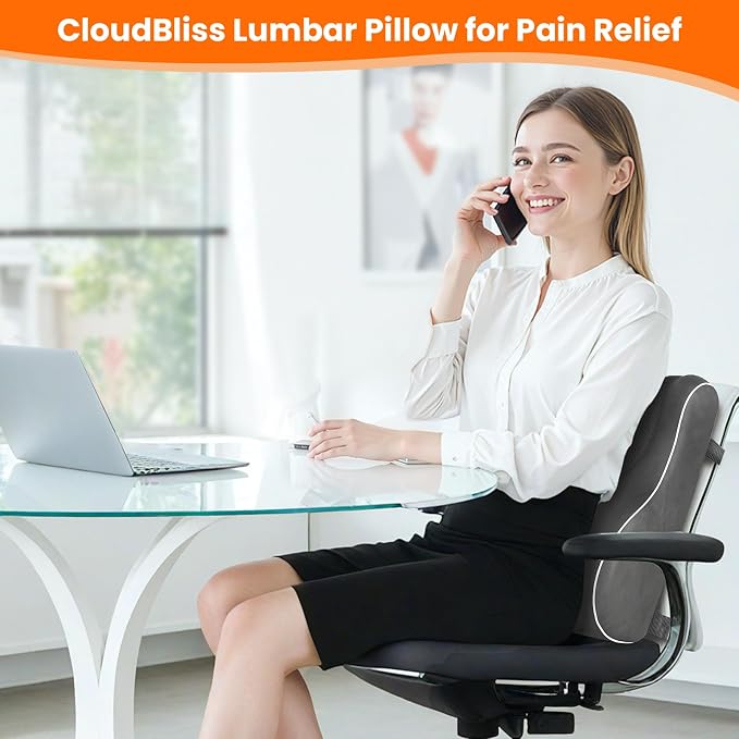 CloudBliss Lumbar Support Pillow, Memory Foam for Office Chair, Gray | Ergonomic High-Density Memory Foam, Adjustable Straps, Washable Mesh Cover, Lower Back Support for Office, Gaming & Car Seat - Image 2
