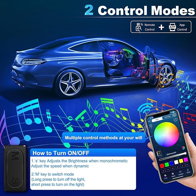 Dreamcolor Acrylic Interior Car LED Strip Light with Wireless APP, RGB 18 in 1 with 175 inches 612 LEDs Fiber Optic Strip Lights for Car, Dual Zone Music Sync Neon Car Ambient Lighting Kits - Image 5