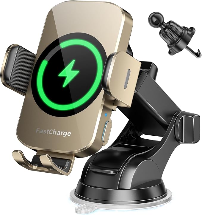 3-in-1 Wireless Car Charger Mount, 15W Fast Charging Auto-Clamping Phone Holder for iPhone 17 16 15 14, Samsung Galaxy S24 S23, Dashboard, Vent & Windshield Car Mount(Amber Yellow) by BothLin