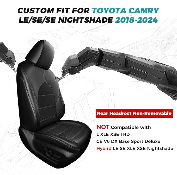 Custom Seat Covers for Toyota Camry 2018-2024, Black | Only Fit for Camry LE/SE/SE Nightshade 2018-2024, Not for Hybrid, Full Coverage, Faux Leather, Scratch-resistant, Easy-clean - Image 2