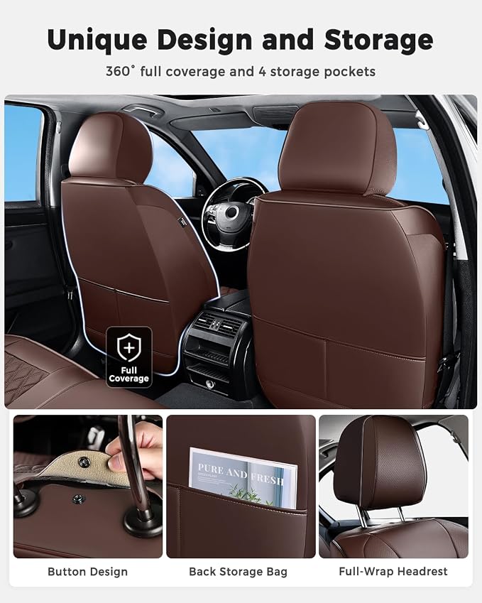 Huidasource Front Row Seat Covers, Premium Waterproof Faux Leather, Universal Fit for Most Cars, SUVs & Trucks, Airbag Friendly, Easy to Install, Wear Resistant for Daily Commute, Coffee - Image 2