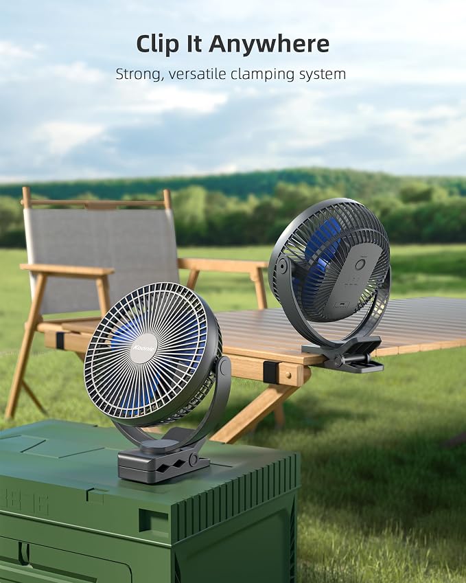 Koonie 8" Clip on Fan, 10000mAh Rechargeable Battery, Strong Airflow | 4 Speeds, Sturdy Clamp, Ideal Portable USB Desk Fan for Office, Golf Cart, Camping, Travel, Tent, Outdoor, Treadmill & Gym - Image 6