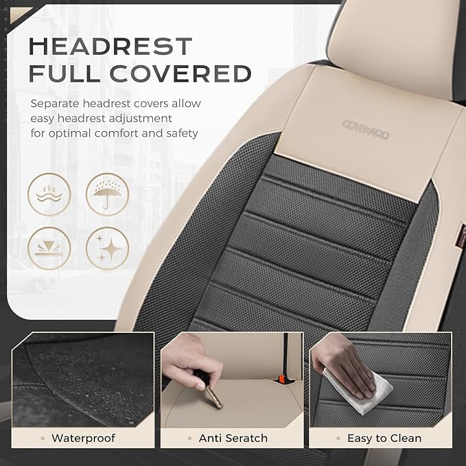 Coverado Car Seat Covers Full Set, Luxury Leather Car Seat Covers, Automotive Front and Rear Mesh Seat Covers, Full Set 5 Seats, Black Beige Seat Covers for SUV Sedan Truck - Image 4