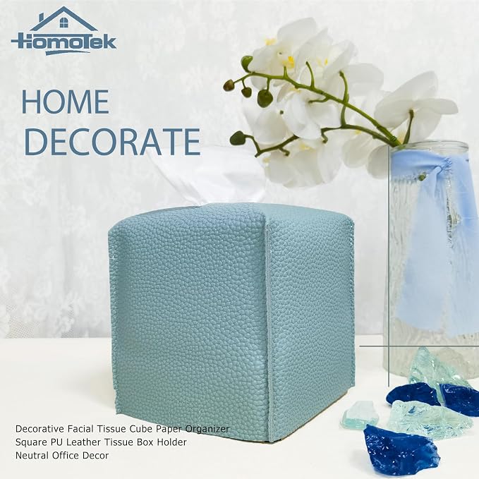 HOMOTEK 2 Pack Tissue Box Cover, Square PU Leather Tissue Holder, Decorative Facial Tissue Cube Paper Organizer Dispenser for Bathroom, Night Stands, Desk, Car 5X5X5'' - Aqua Blue, Pebble Grain - Image 3