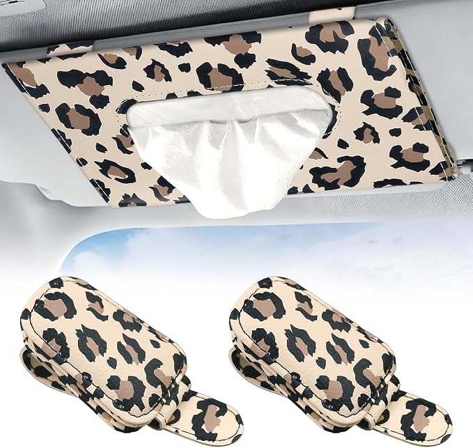 2 Pcs Sunglass Holder and 1Pcs Car Tissue Holder for Car,Magnetic Leather Sunglasses Holder Car Sun Visor Glasses Hanger Clip,Car Interior Accessories for Women(Light Brown Leopard Print) by JINGSEN