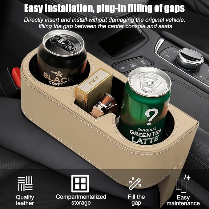 Car Seat Gap Filler Organizer with Cup Holder, Leather Multifunctional Vehicle Front Seat Crevice Storage Box Bag, Automotive Console Side Bucket Pocket, Universal Fit (Beige) - Image 3