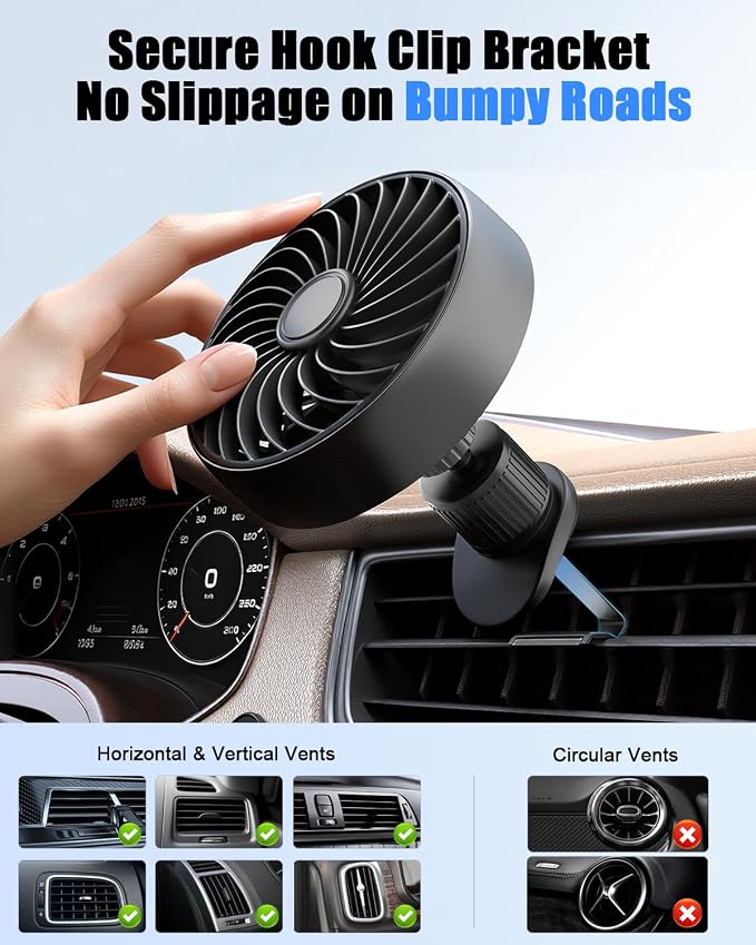 USB Car Vent Fan, 3-Speed Quiet Brushless Hook Mount Air Circulator | 5V 360°rotatable clip-on fans,mini soft airflow for driver, fits car/truck/SUV/Van/RV, plug in auto fan non-rechargeable - Image 4