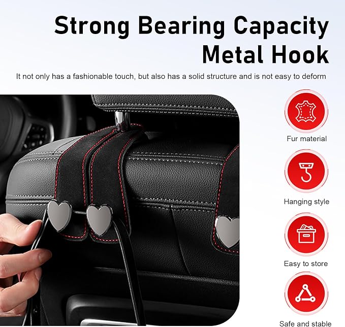 2 PCS Car Seat Headrest Hooks, Cute Heart Shape Purse Hook, Suede Seat Back Storage Hanger, Multifunctiona Car Accessories for Women (Black) - Image 5