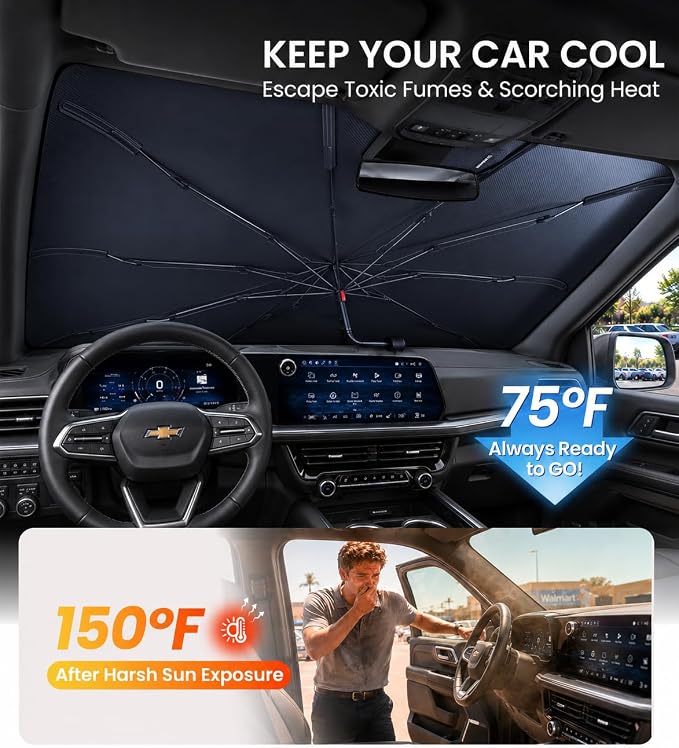 Zanch Windshield Sun Shade Umbrella: 1:1 Custom Fit for Chevrolet Suburban 2015-2026 [99% UV Protection, Up to 75℉ Cooler] Reflective Heat Shield, Built to Last, Foldable Front Sunshade Umbrella - Image 4