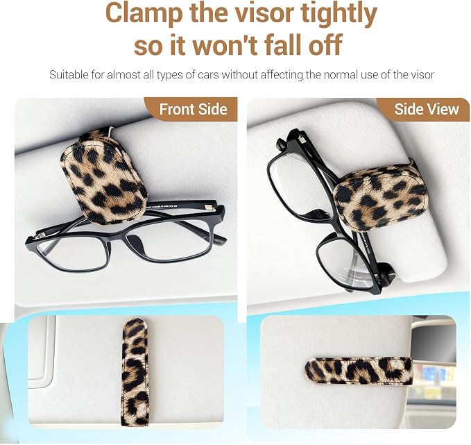 Sunglass Holder for Car, Universal Magnetic Car Sun Visor Eyeglass Holder, Leather Glasses Clip for Car, Ticket Card Clip (1, Leopard) - Image 3