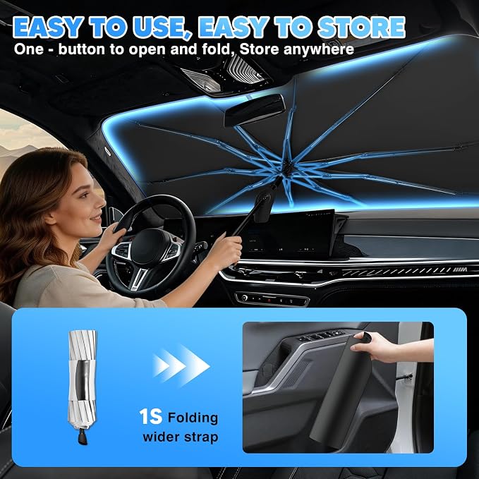 KUST 56" * 31" Upgraded Windshield Sun Shade Umbrella - 【Medium Size】 - Foldable Ice-Crystal Shade Umbrella with Bendable Handle - Blocks UV Rays Keep Car Cool - Easy to Install and Use - Image 7