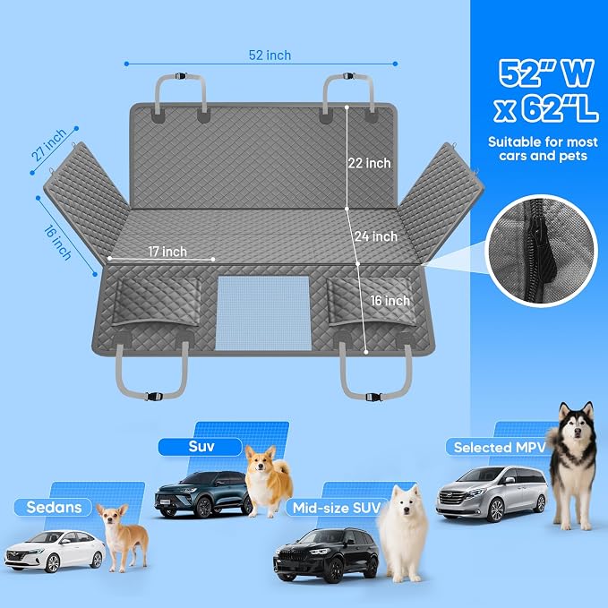 Dog Car Seat Cover for Back Seat,Hard Bottom Hammock Hold 400lbs For Cars | Hold 400lbs,Waterproof,Anti-Scratching,Safety Non-Slip,600D Oxford,Mesh Window,Storage Pocket - Image 5